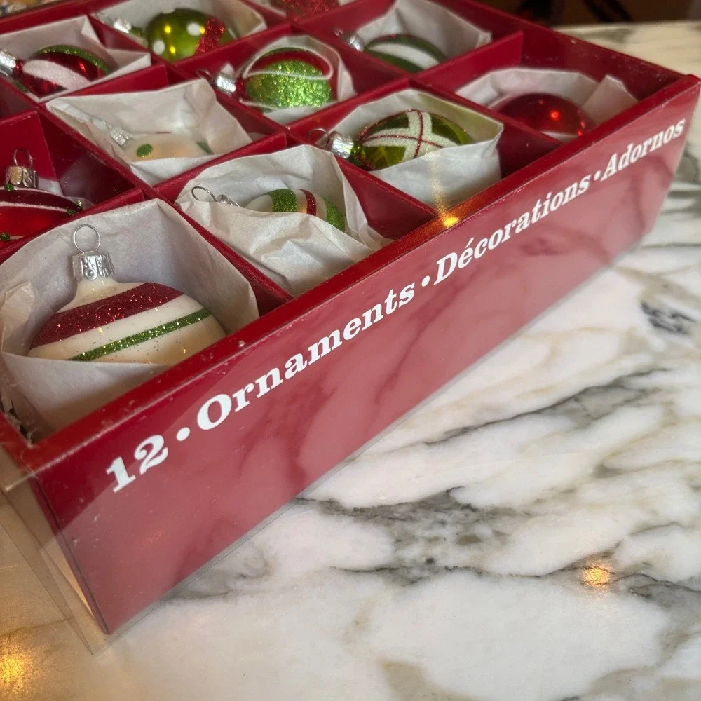 Crate and Barrel Glass Ornaments Set of 12 Red Green Glitter Handcrafted Czech